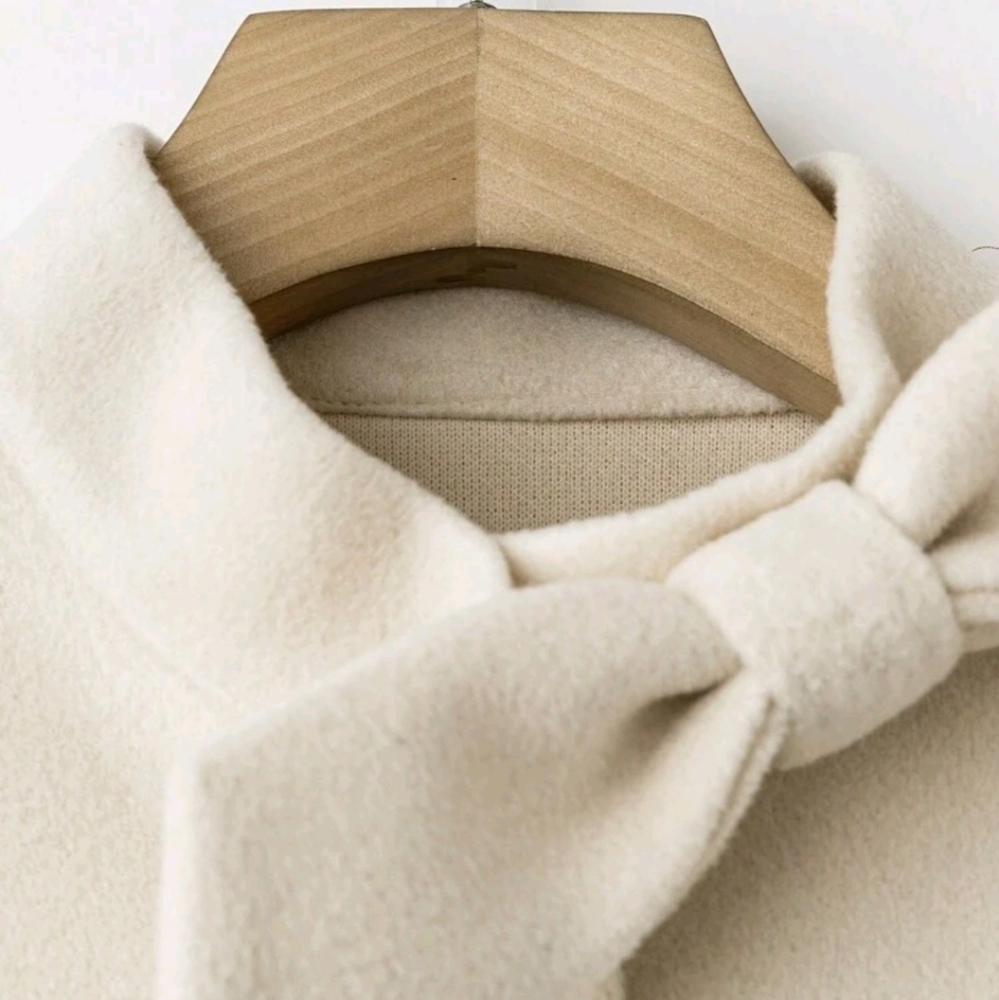 Women Elegant Solid Color Overcoat With Fur Cuff & Bow Decor, Autumn/Winter - Picture 4 of 6